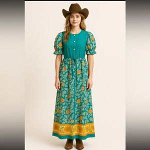 Vintage 1960s floral drawstring button front Maxi Sundress flower power hippie